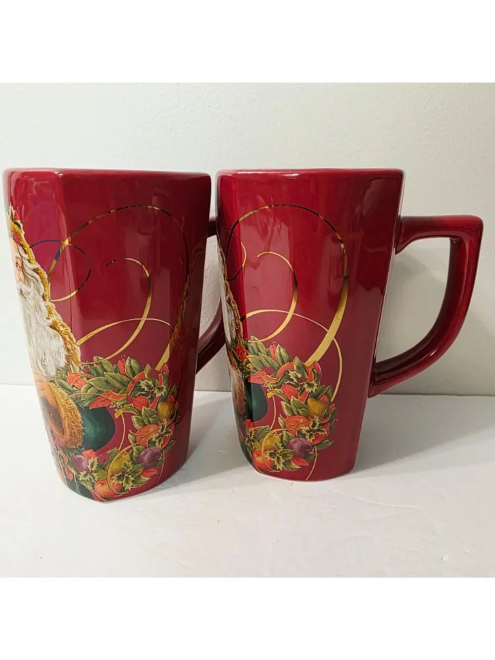 2 Hallmark Holiday St. Nicholas Santa Red Gold Swirl Tall Coffee Latte Mugs Cups